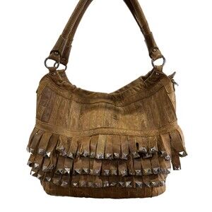 AmeriLeather Brown Studded Tutu Leather Patchwork Fringe Tote Handbag + Wallet